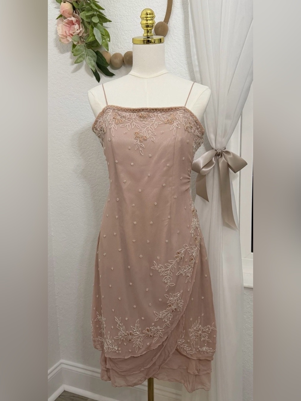 VTG Y2k 90s Scala Silk Beaded Slip Dress Mermaid Ruffle Gown Fairy Pink- L $798